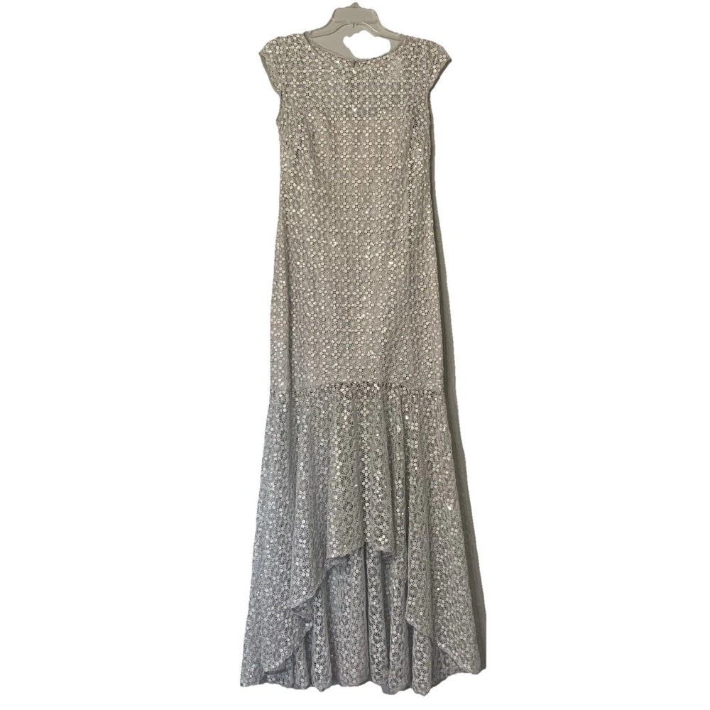 Cap-Sleeve Silver Lace Evening Gown Wedding Prom Formal